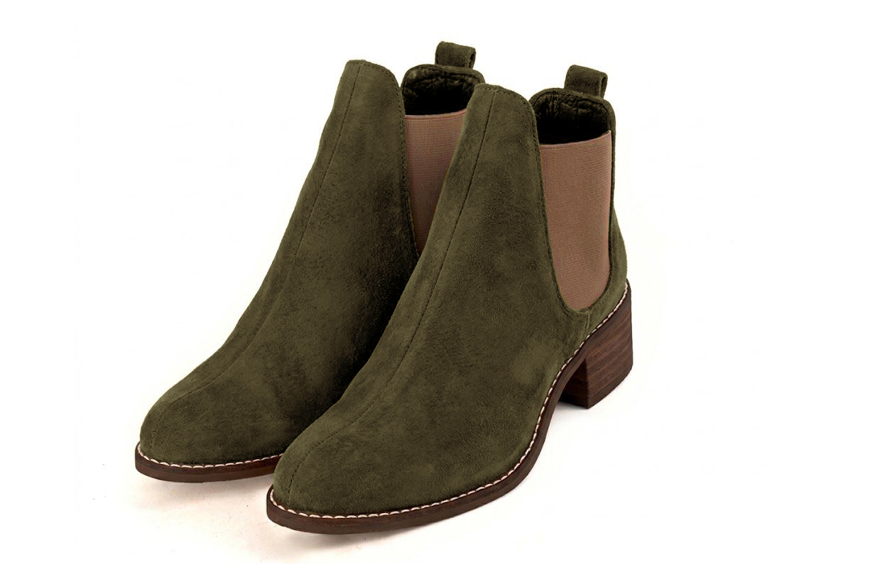 Women's olive green and bronze solid-color chelsea boots with round toe and leather sole - Front view
